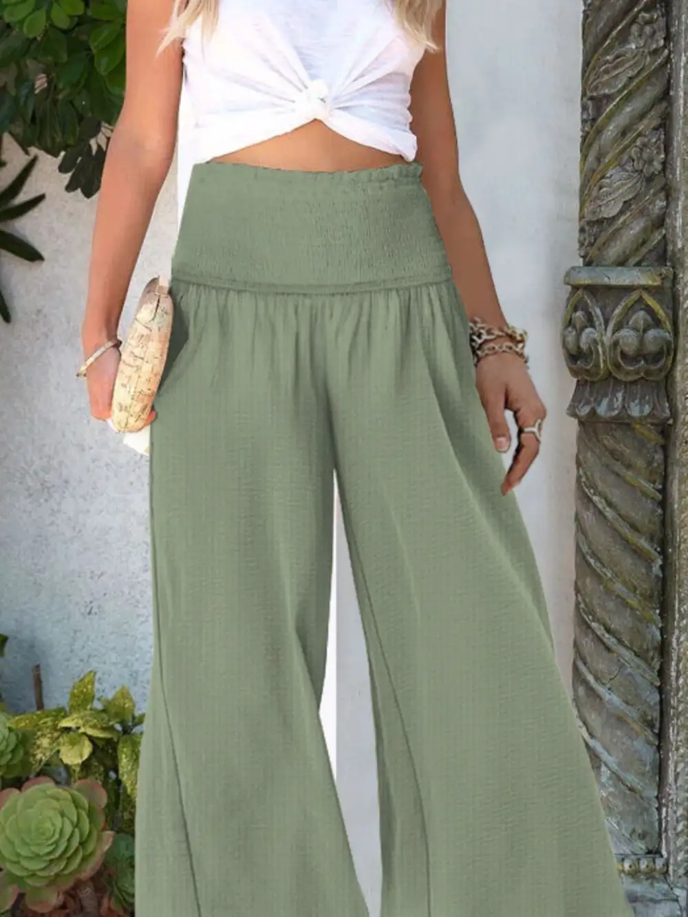 Wide Leg Smocked Waist Pants