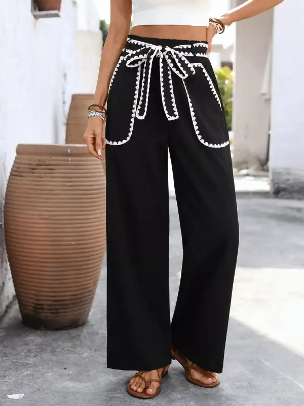 Crochet Trim Tie Waist Wide Leg Pants