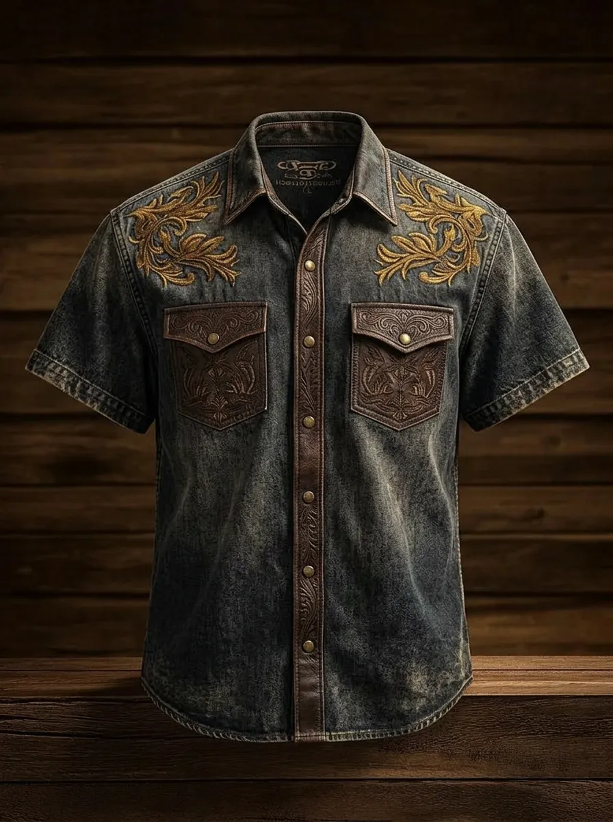Men's Western Style Floral Embroidery Leather Pocket Printed Shirt