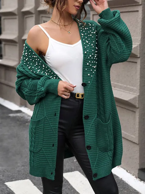 Knitted Mid-Length Beaded Cardigan