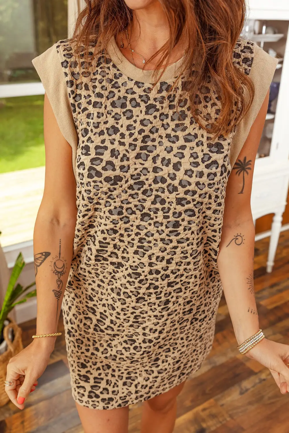 Leopard Textured Sleeveless Mini Dress With Pockets