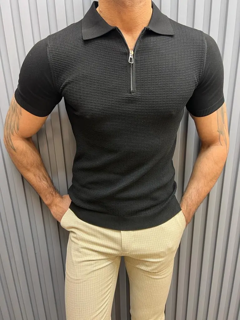 Zip Detailed Polo Neck T-shirt -  Black