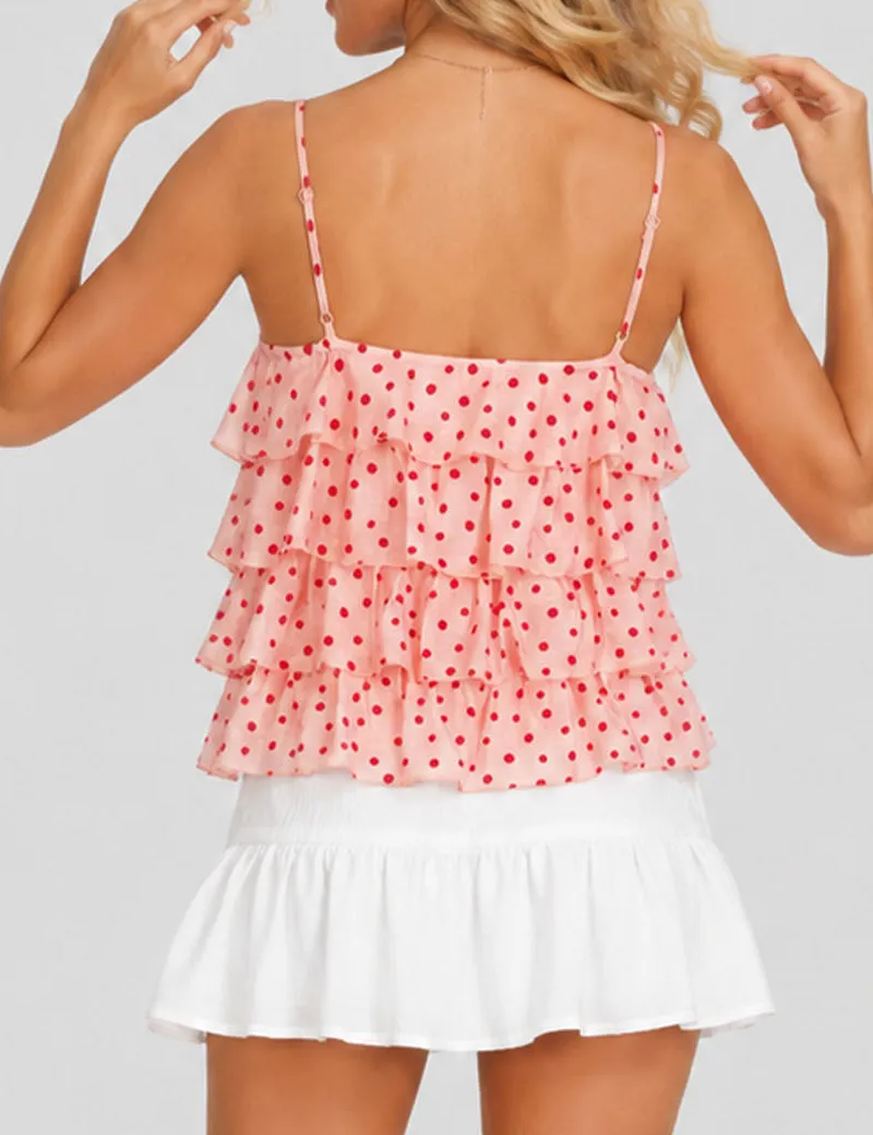 Polka Dot Layered Ruffle Spaghetti Strap Cami Top