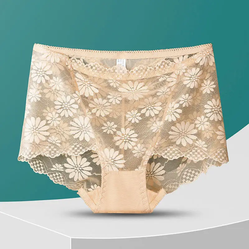 Plus Size High Waist Lace Trim Breathable Panty