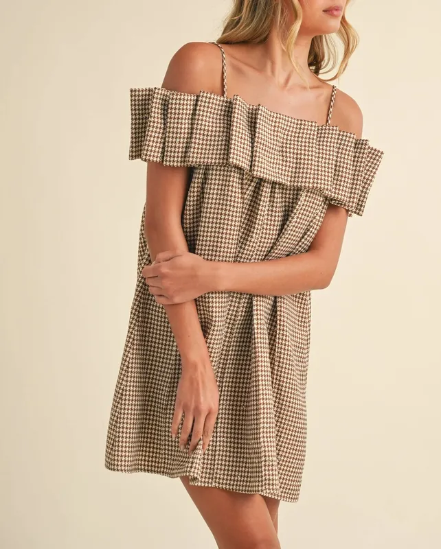 Sequin Houndstooth Pleated Off Shoulder Dress