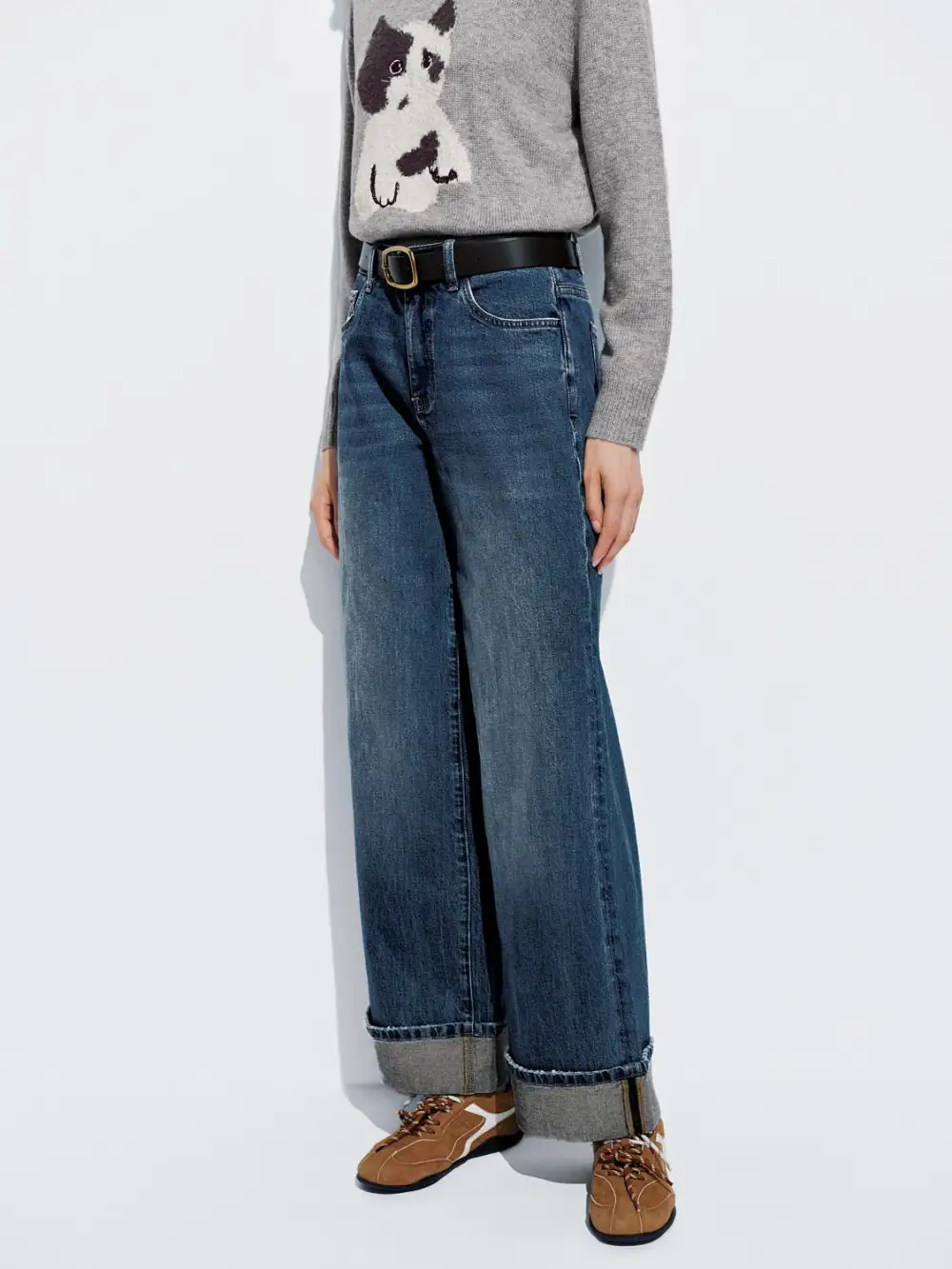 Ladies' Blue Washed Casual Denim Wide-Leg Trousers