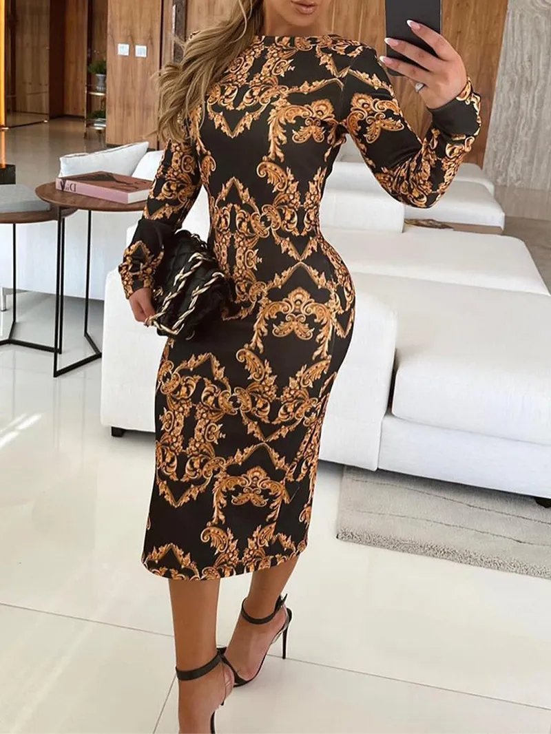 Women's Bodycon Printed Long Sleeve Dress