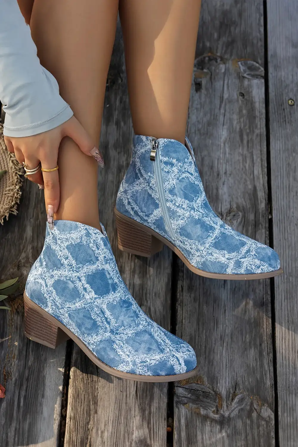 Distressed Denim Rhombus Zip Heeled Ankle Boots