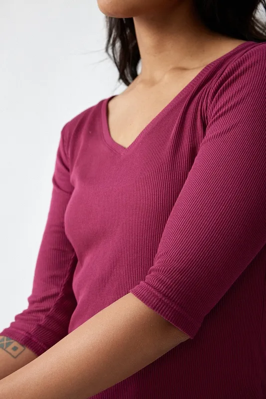 Berry Pink Ribbed V-Neck Tee