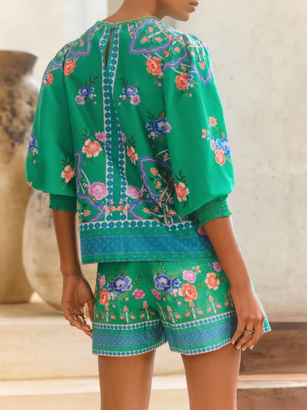 Rose Green Floral Long-Sleeve Round Neck Floral Print Top