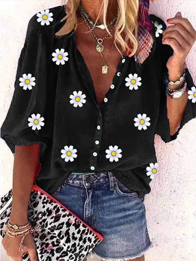 Casual Daisy Loose Stand Collar Three Quarter Sleeve Blouse