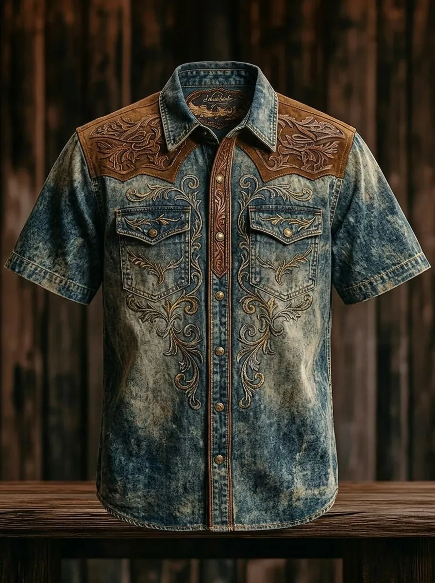Men's Western Style Floral Embroidery Acid Wash Printed Shirt-2