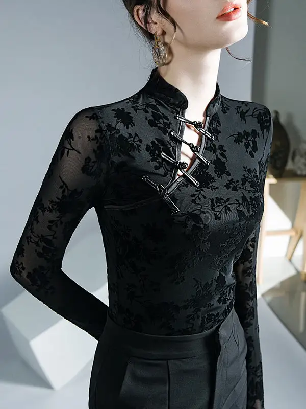 Long Sleeve Slim Fit Button Detail Floral Print Mesh Mock Neck T-Shirt