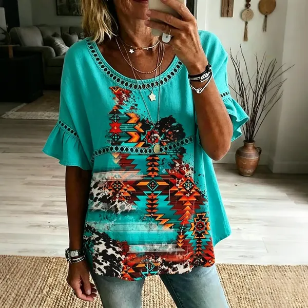 Women's Aztec Cow Print Trim Ruffle Sleeve Western Top