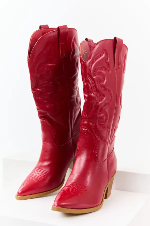 Faux Leather Embroidered Cowboy Boots