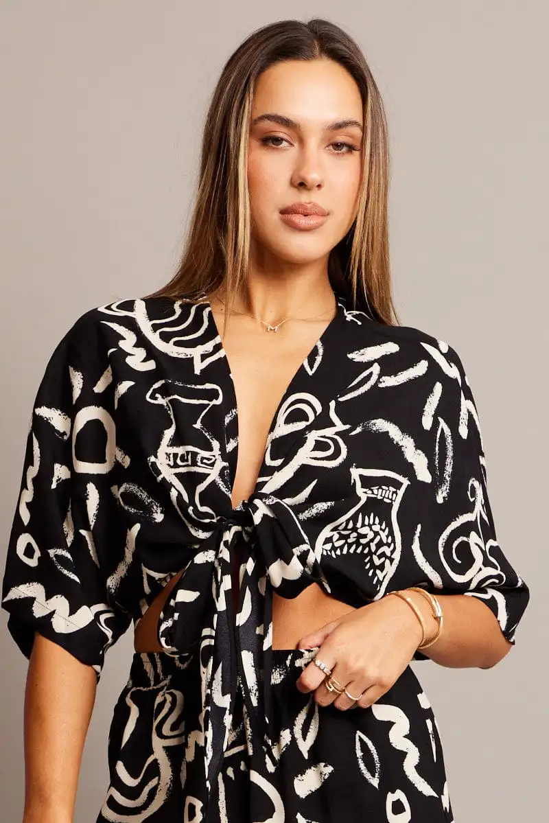 Black Abstract Tie Up Bolero Short Sleeve