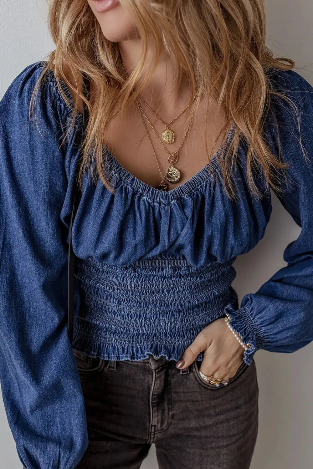 Ruffled Smocked V-Neck Blouse