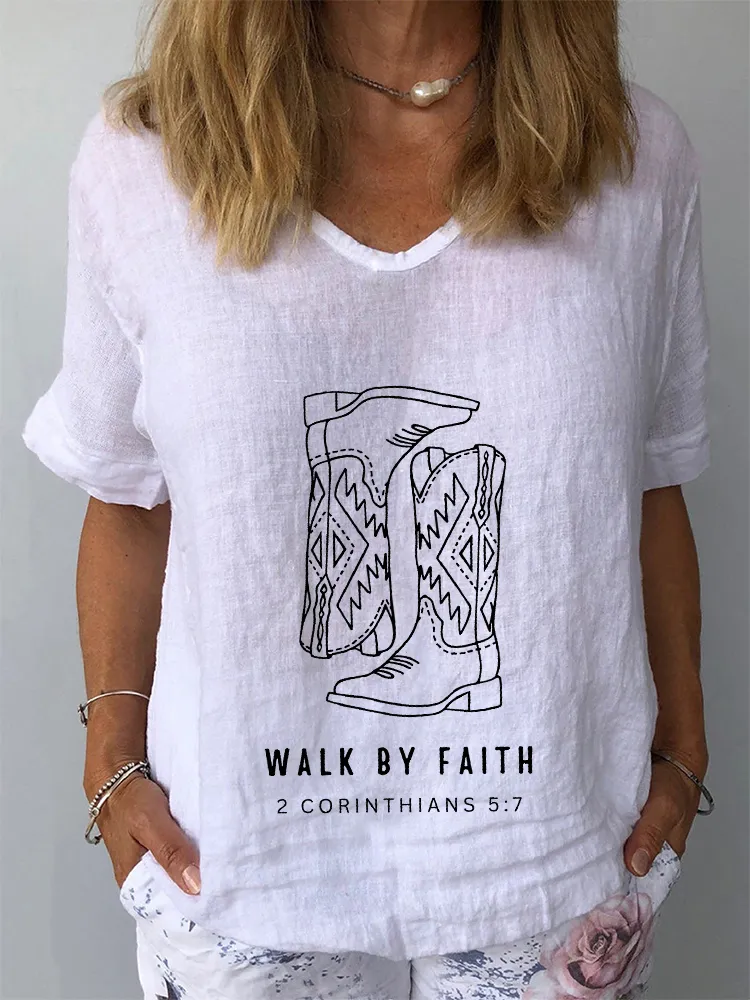 Women's Walk By Faith 2 Corinthians 5:7 V-Neck Short-Sleeve Shirt