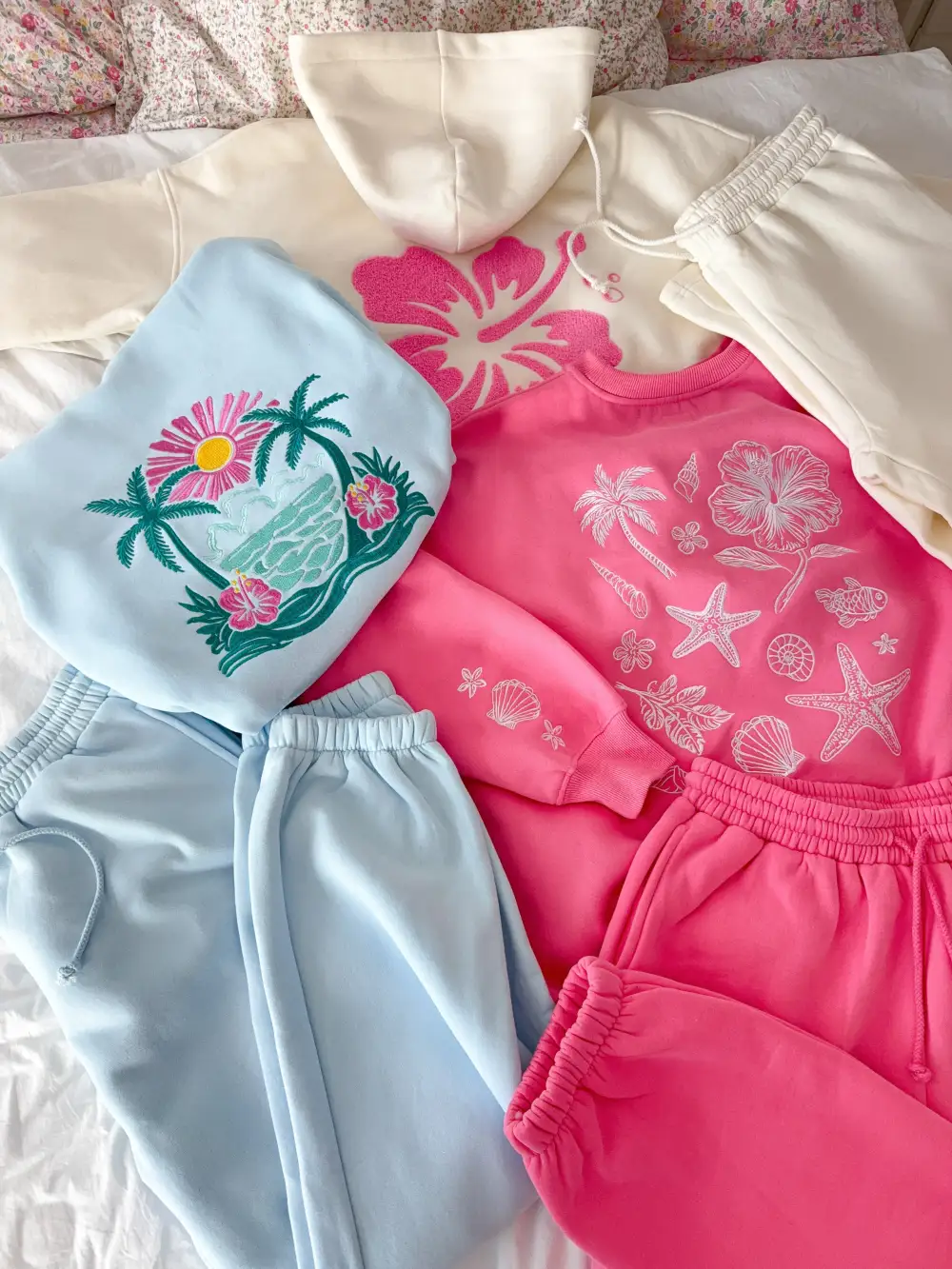 Icy Hibiscus Flower Beach Babe Embroider Hoodie