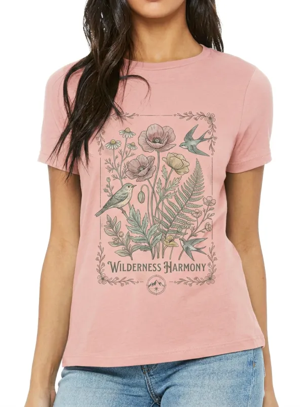 Women's Nature Lover Wilderness Harmony Bird Floral Printed T-shirt