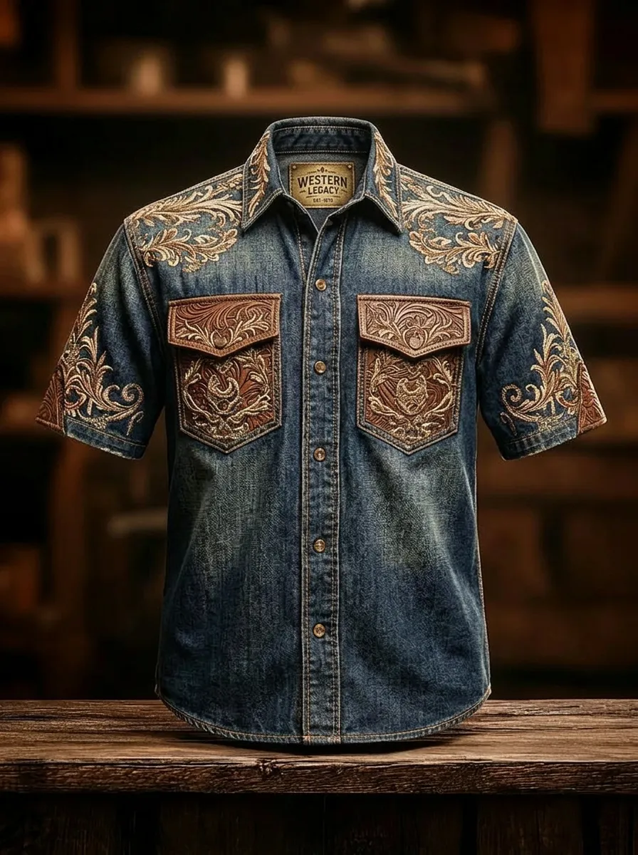 Men's Western Cowboy Floral Tooled Leather Printed Denim Shirt-2