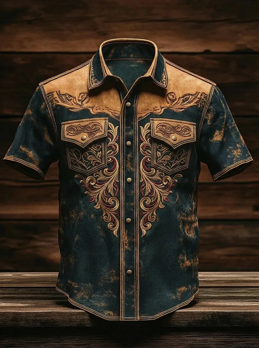 Men's Western Cowboy Floral Embroidery Printed Shirt