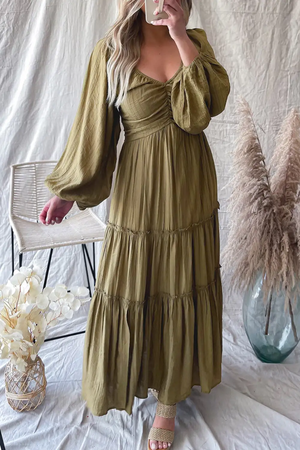 V-Neck Bowknot Cutout Frill Tiered Maxi Dress