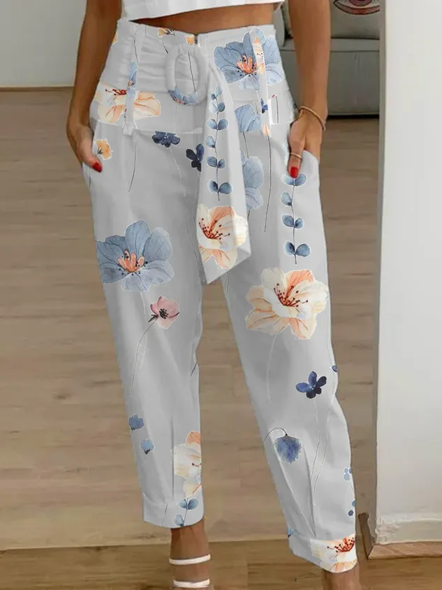 Flower Print Paperbag Cropped Pant