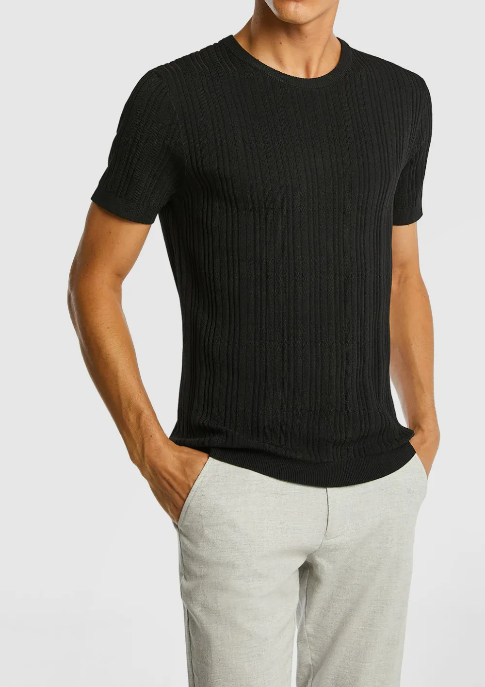 Vertical Ribbed Knit Crew Neck Tee