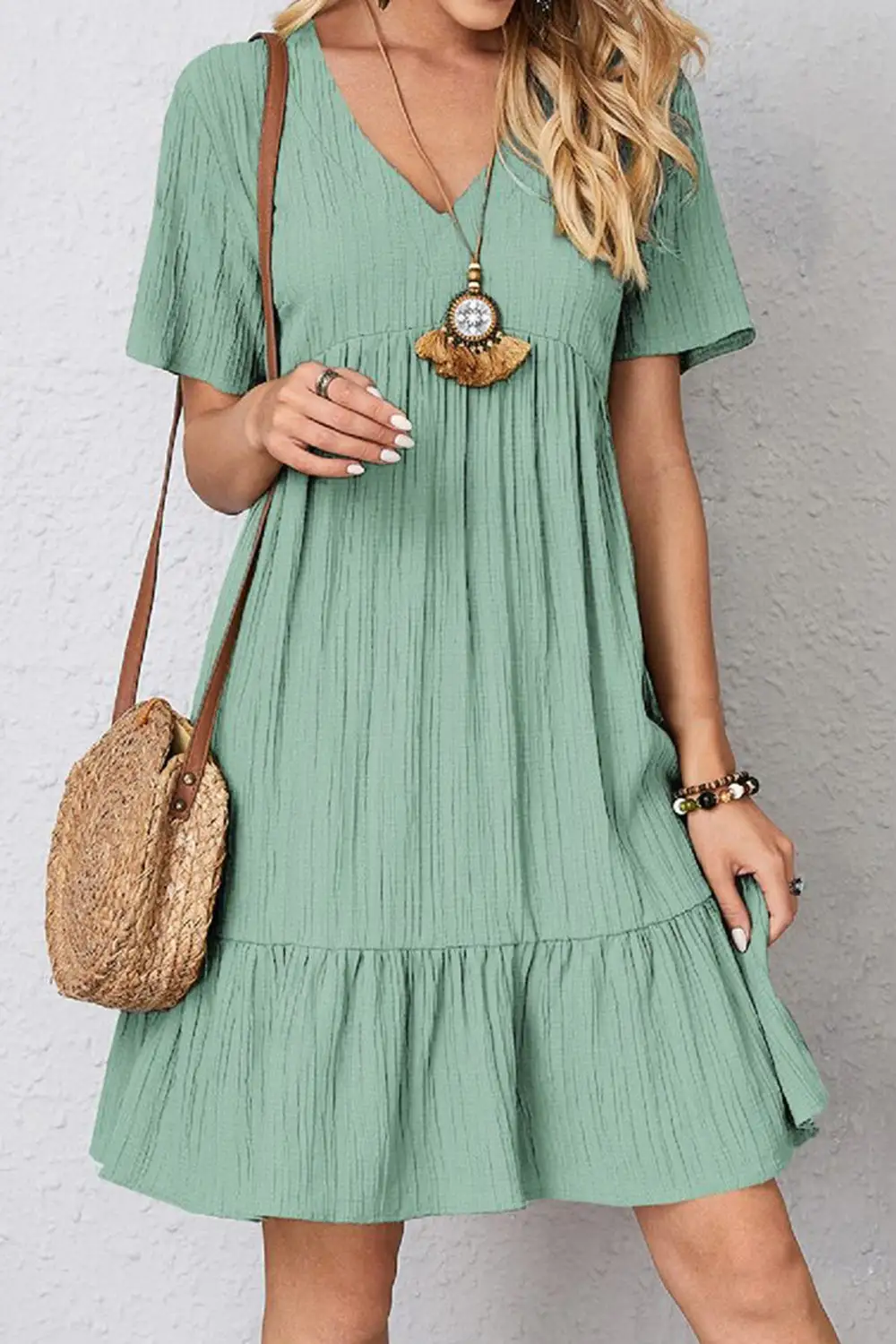 Boho Chic  Plus Size Ruched V-Neck Short Sleeve Dress