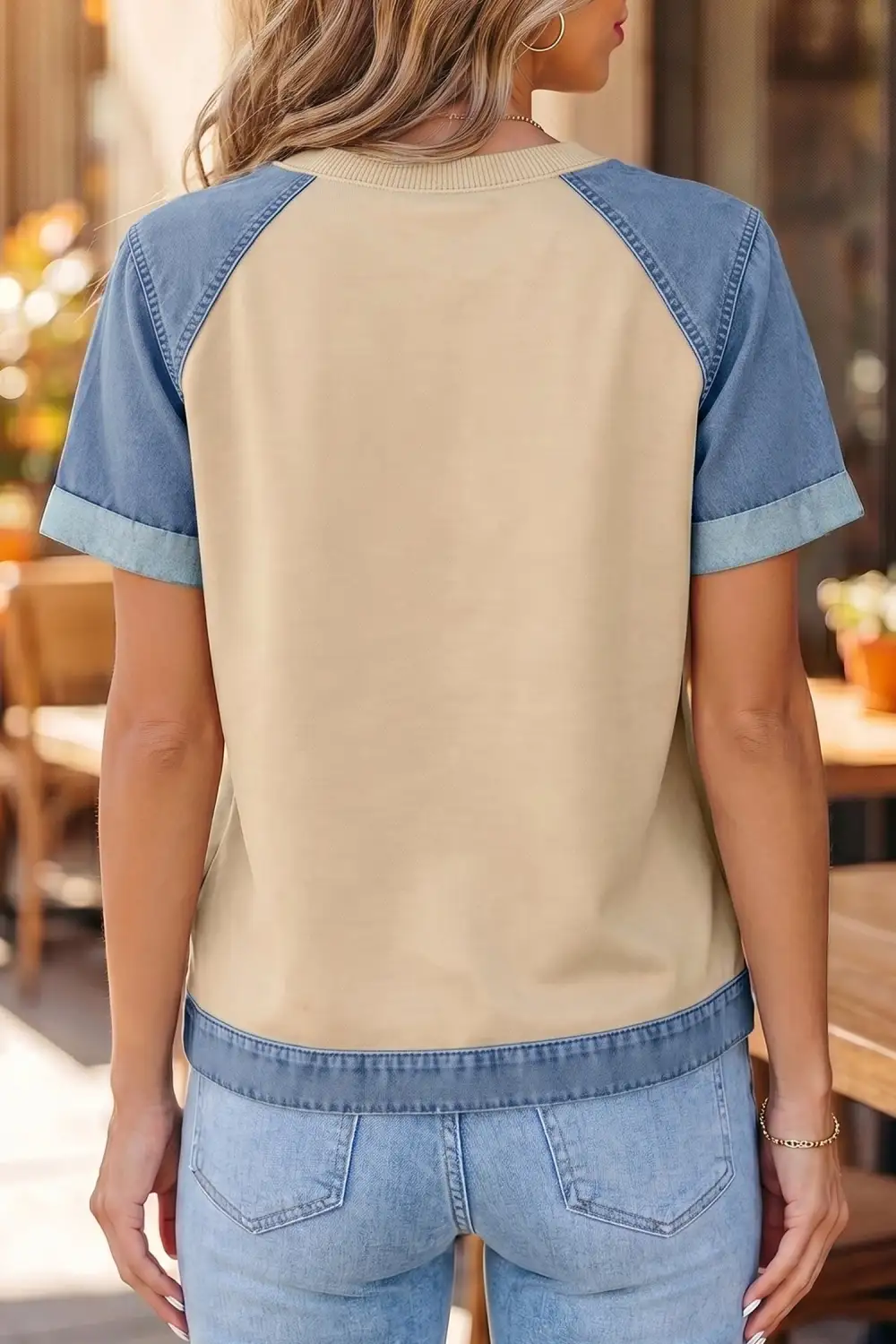 Denim Contrast Blocked Patchwork Round Neck Tee