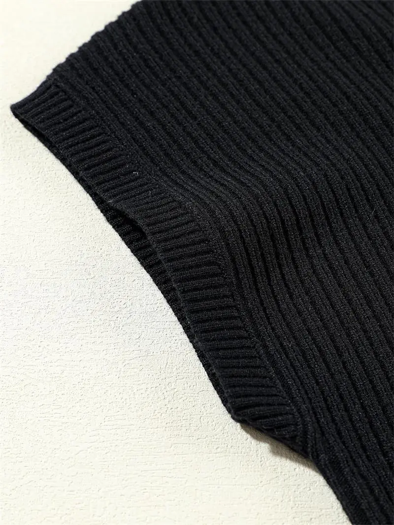 Black Patch Pocket Ribbed Knit Short Sleeve Sweater