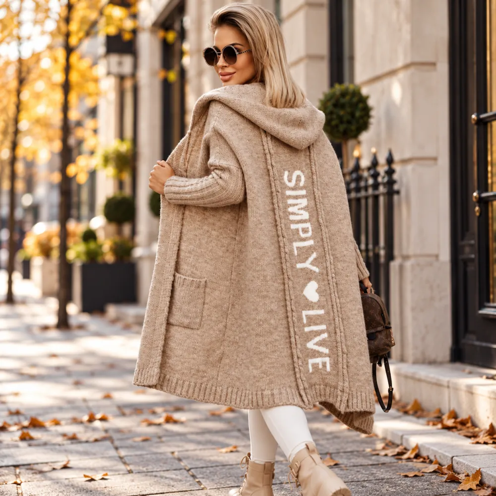 New Long Cardigan Sweater Lapel Hooded Letter Pattern Loose Knit Coat