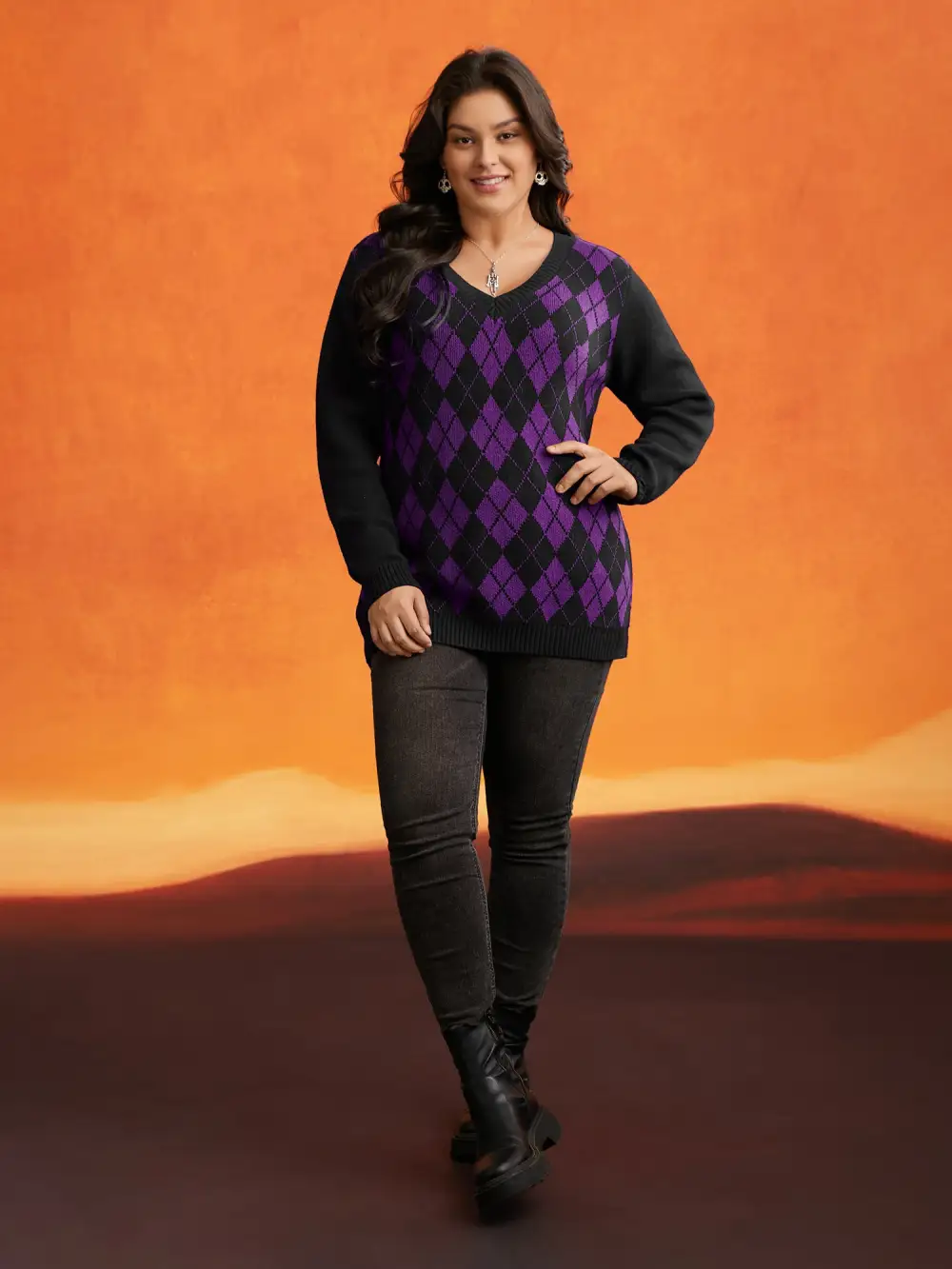 V-Neck Plaid Print Halloween Pullover