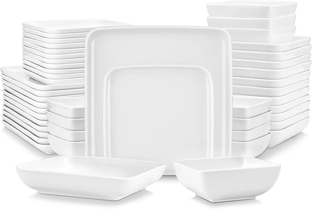 MALACASA Dishes Set for 12, Marble Grey Square Dinnerware Sets, 48 Piece Porcelain Plates and Bowls Sets with Dinner Plates, Dessert Plates, Soup Plates and Cereal Bowls, Series IVY