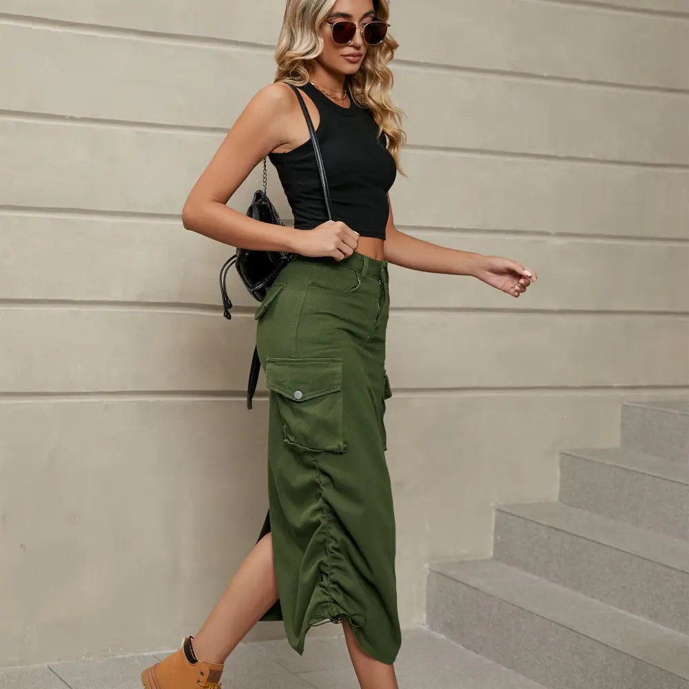 Drawstring Ruched Slit Midi Skirt