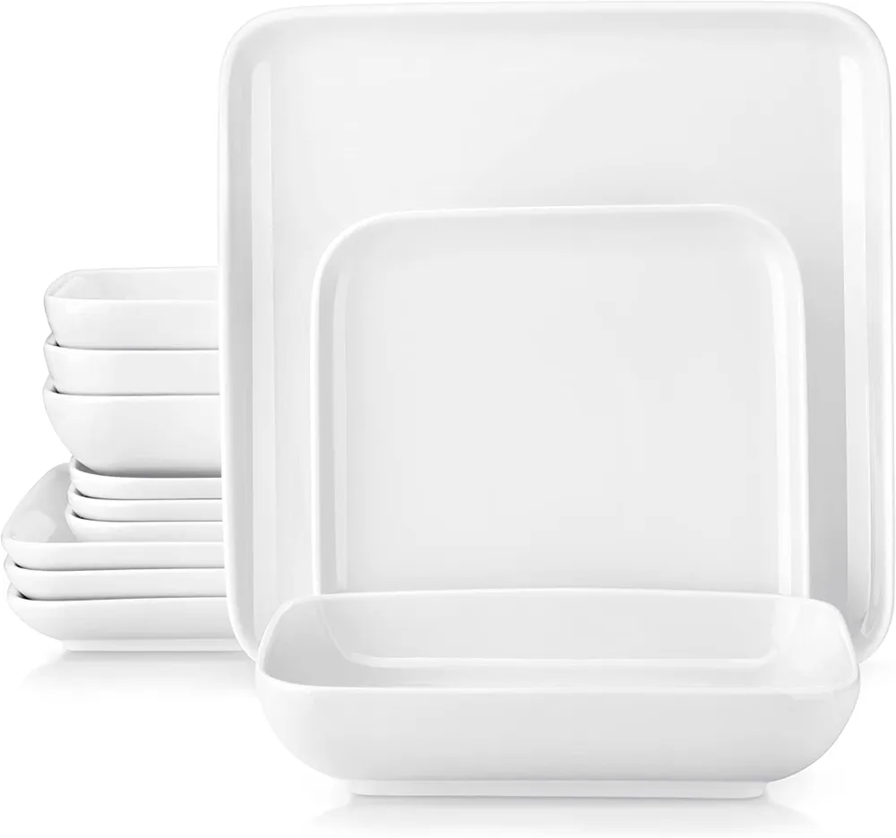 MALACASA Dishes Set for 12, Marble Grey Square Dinnerware Sets, 48 Piece Porcelain Plates and Bowls Sets with Dinner Plates, Dessert Plates, Soup Plates and Cereal Bowls, Series IVY