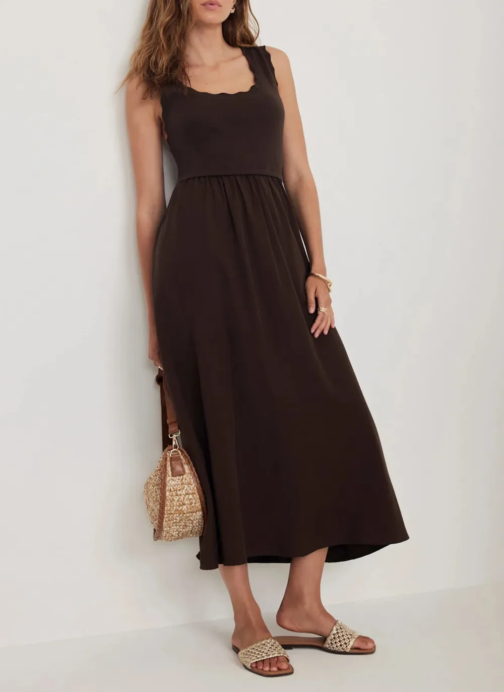 Casual Style Scallop Trim Midi Dress