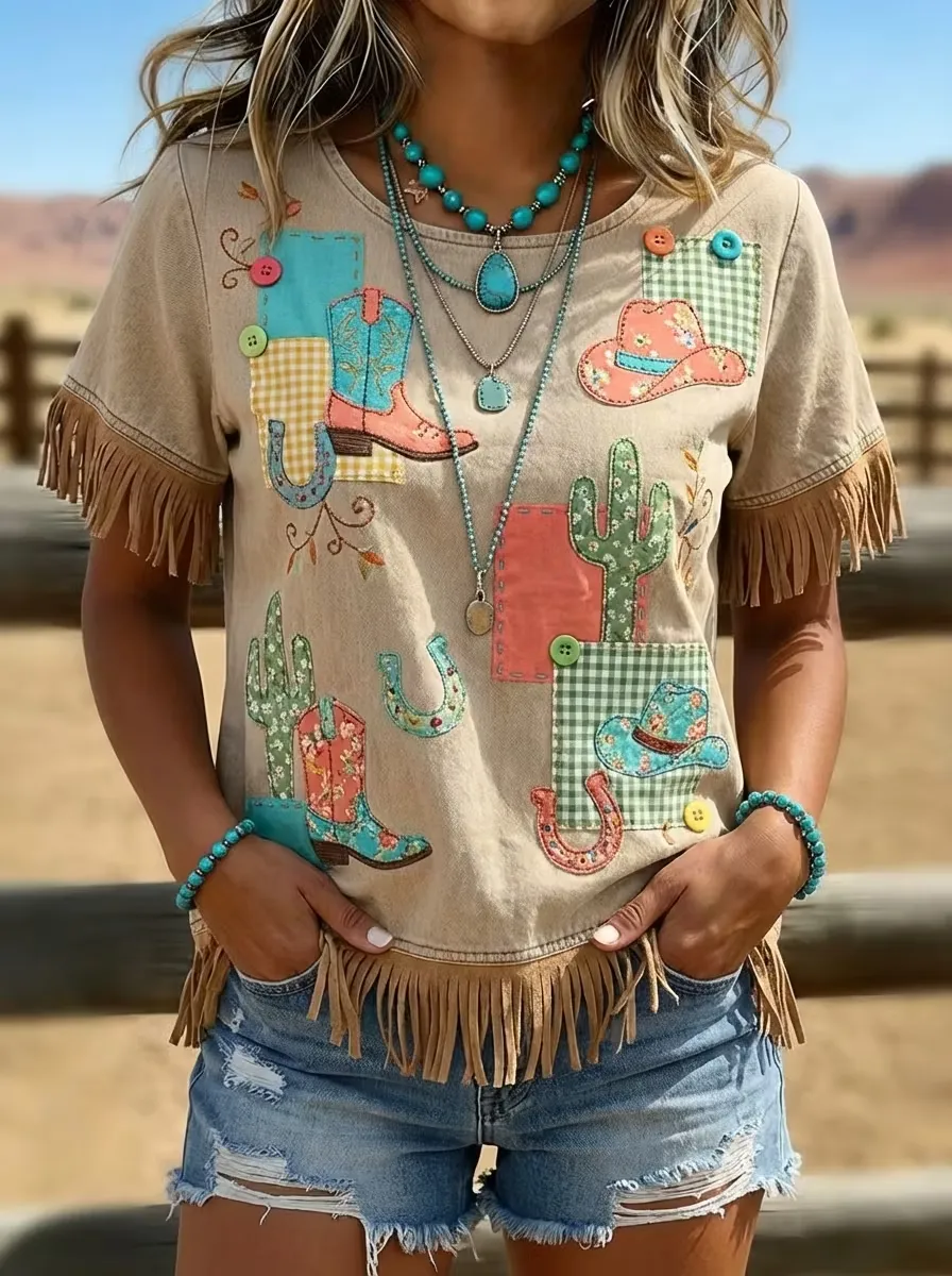 Vintage Western Art Print Tassel Patchwork T-Shirt