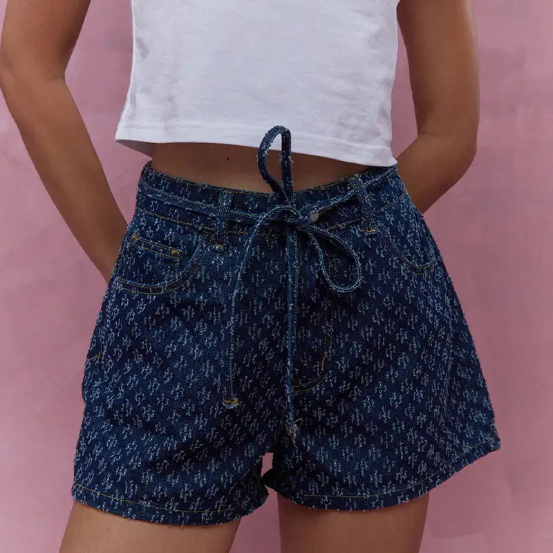 Tie Waist Patterned Denim Shorts