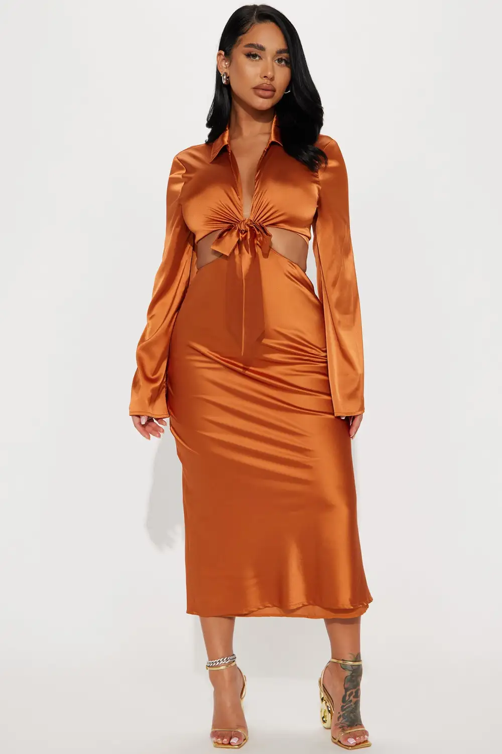 Office Party Satin Midi Dress - Copper