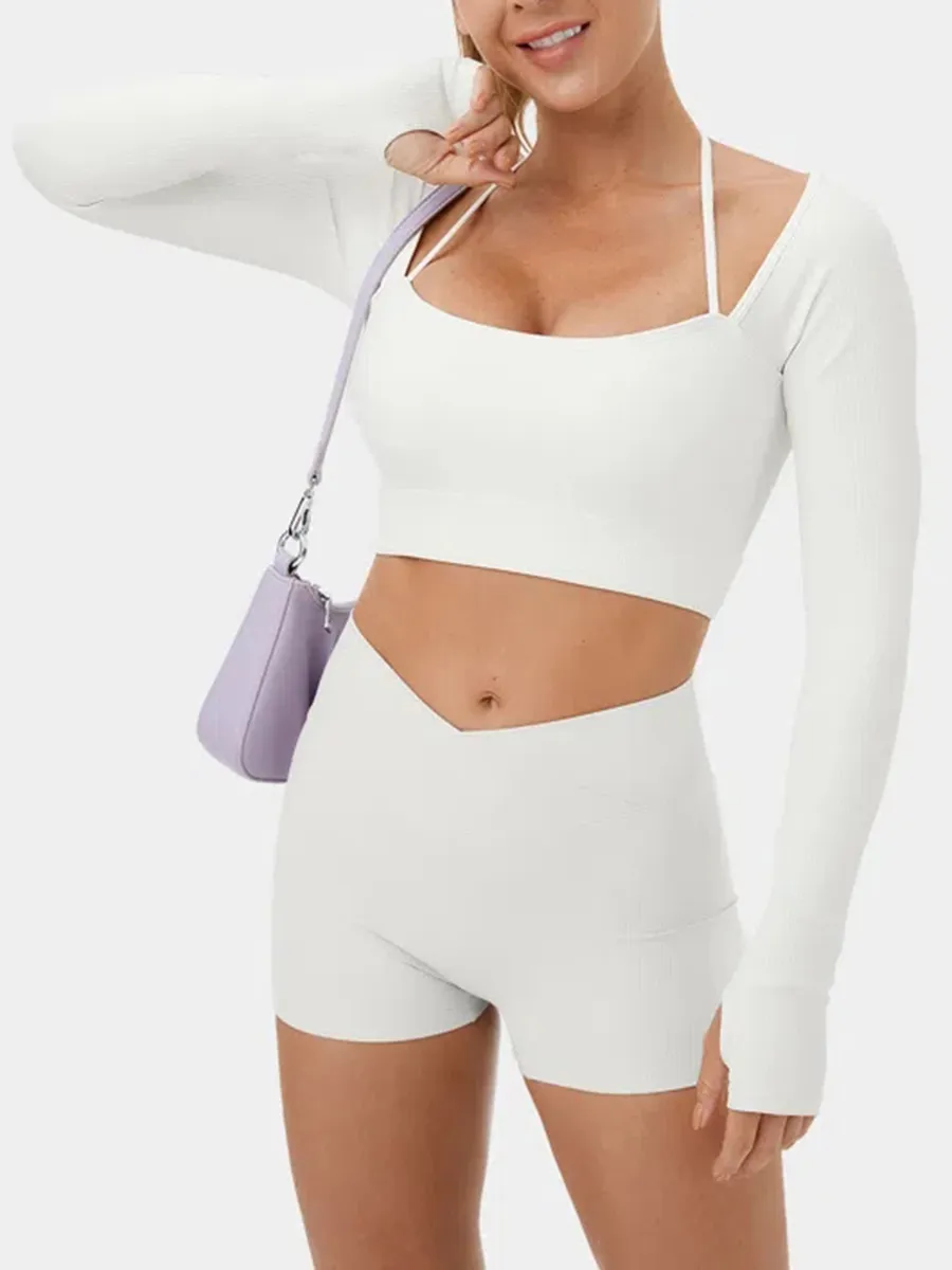 Ribbed Halter Strap Thumb Hole Cropped Yoga Sports Top