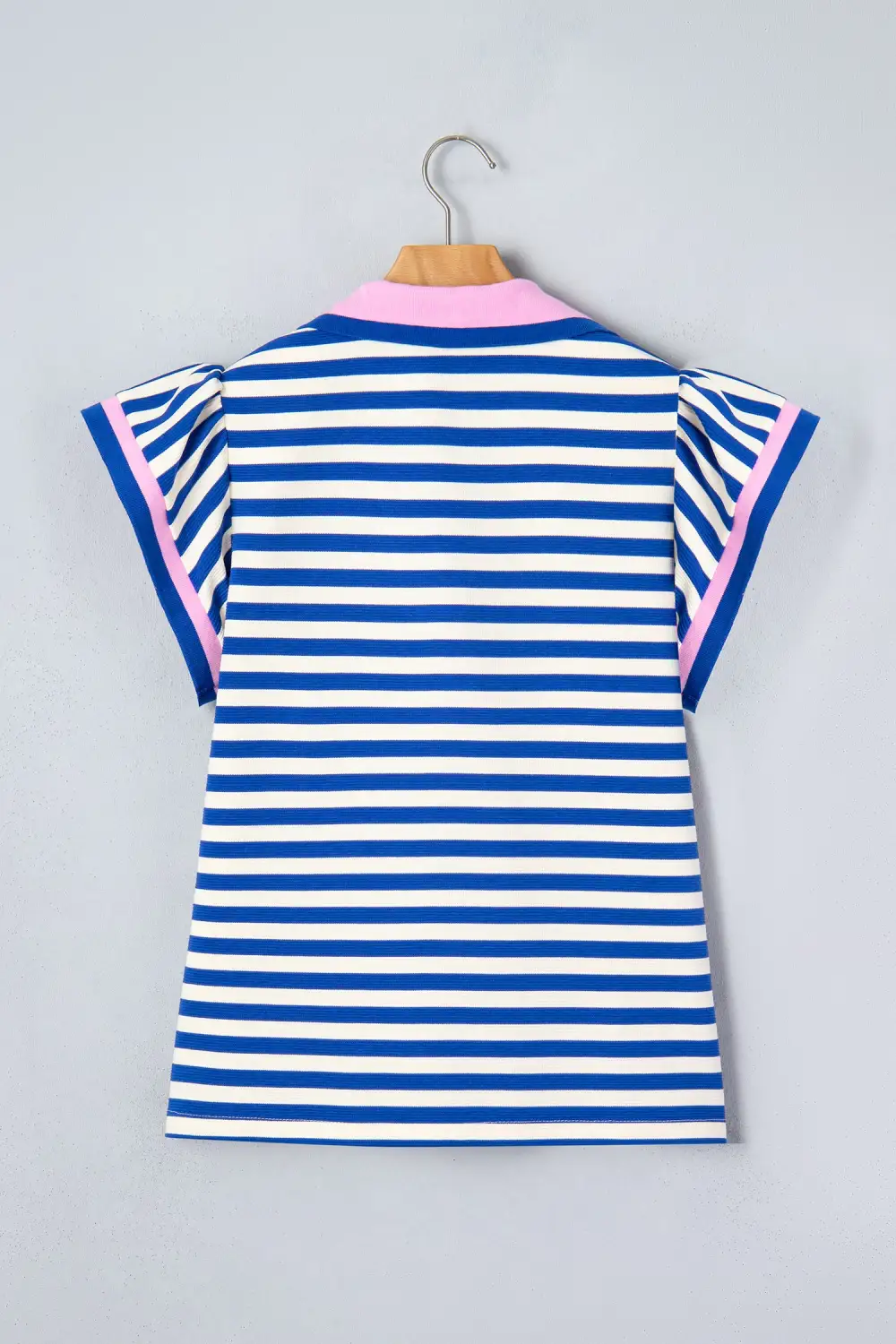 Blue Stripe Contrast Trim Polo Collar Ruffled Short Sleeve Blouse