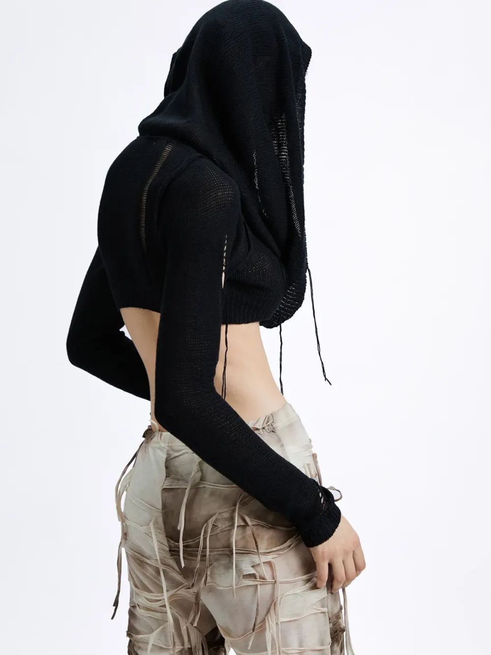 Edgy Black Hooded Cut Out Top Sweater