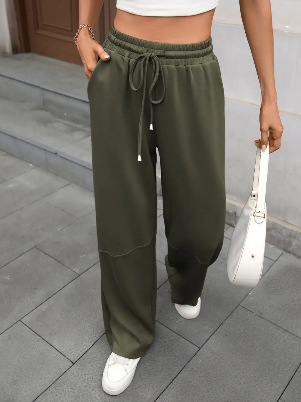 Drawstring High Waist Wide Leg Casual Pants