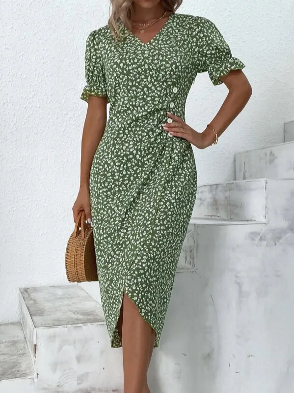 Women Vacation Floral Print V Neck Button Dress