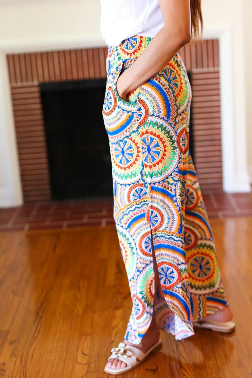Mandala Smocked Waist Side Slit Palazzo Pants