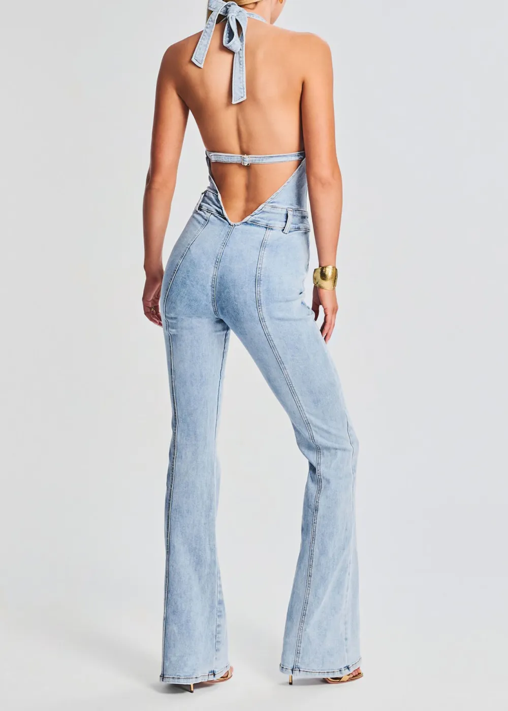 Deep V Neck Coated Denim Jumpsuit
