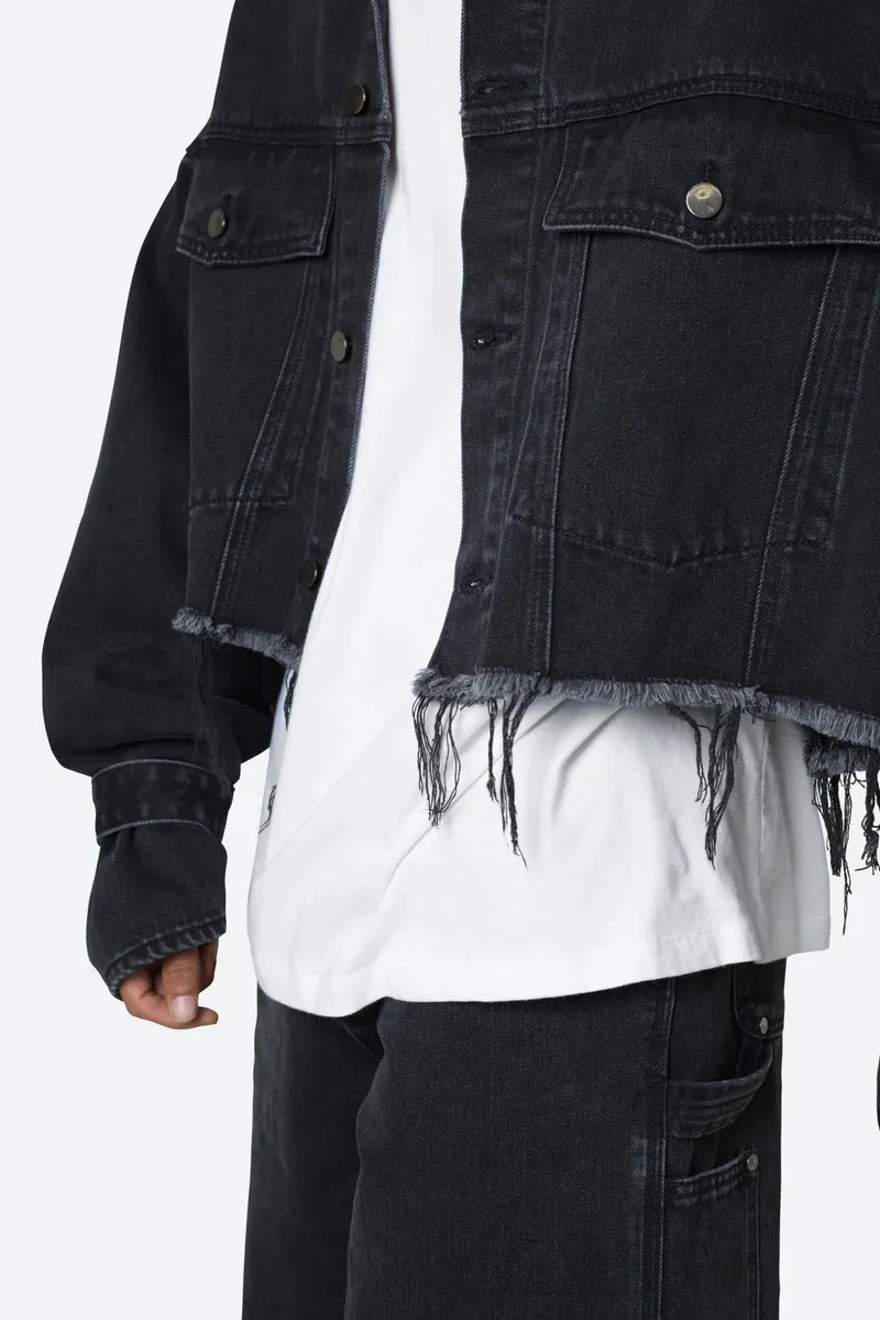 BLACK CROP STYLE DISTRESSED DENIM JACKET
