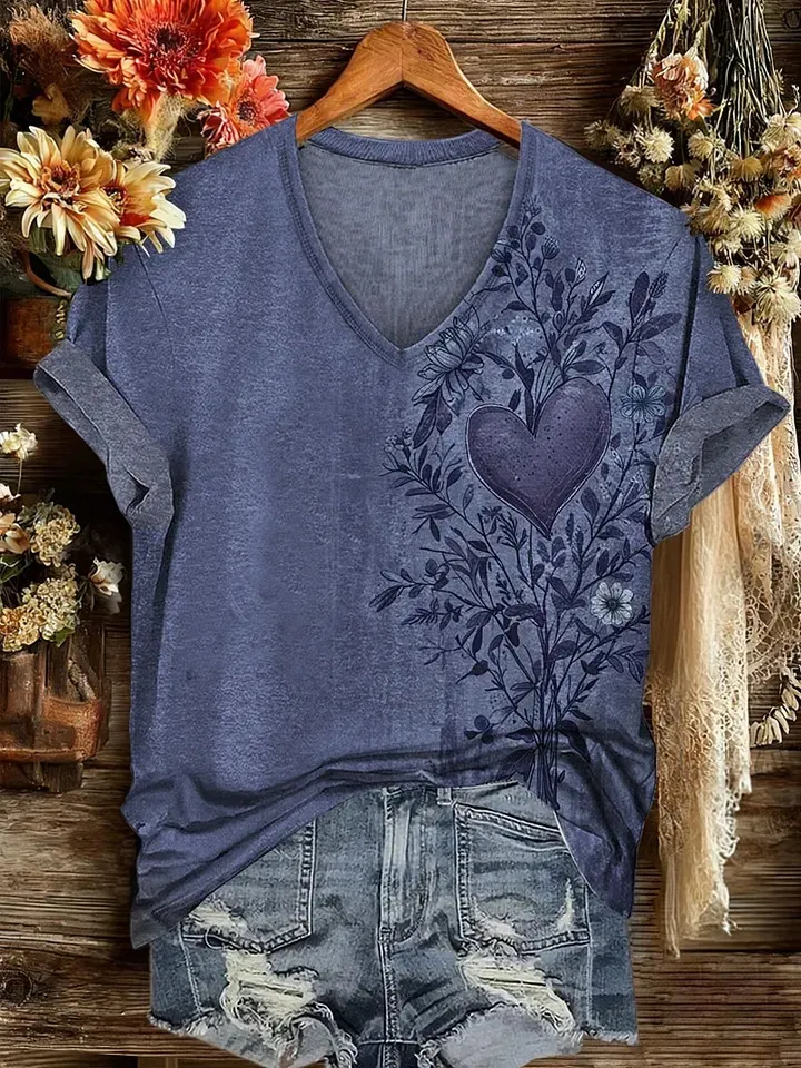 Women'S Retro Ethnic Western Printed V-Neck T-Shirt